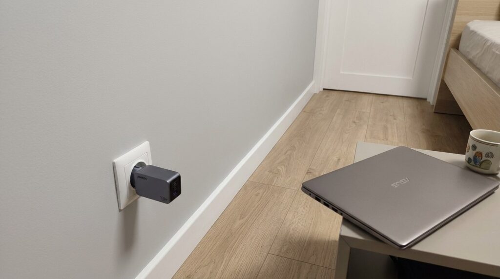 One 100W charger instead of three adapters. A powerful charging block that can handle three devices at once. Photo.
