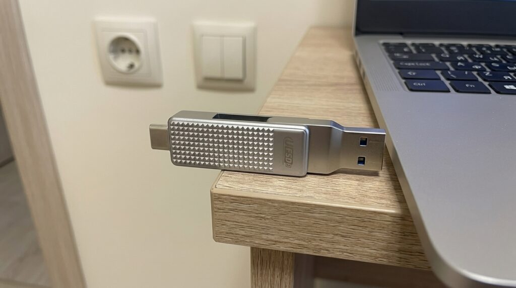 Two connectors in one body — plugs into both a Mac and any Android device.