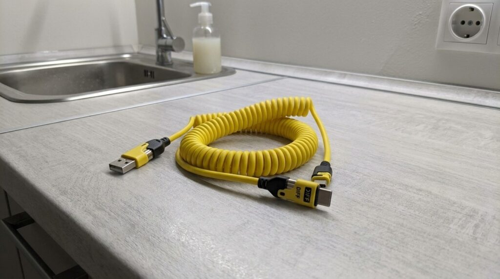 One cable, four connectors, zero tangles — been in my backpack since January. Photo.