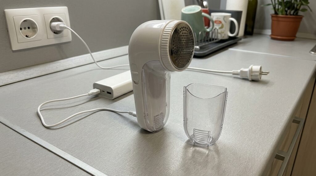 Fabric Shaver — I Saved Three Sweaters With It. Connects to a power bank and works non-stop — unlike its battery-powered counterparts. Photo.