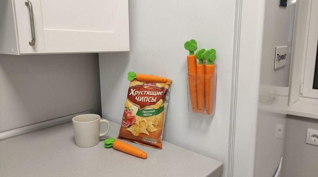 They hang on the fridge in a cup — my wife says the kitchen looks more cheerful now. Photo.