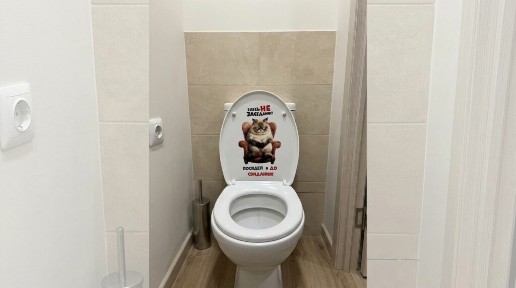 Motivational Cat Sticker — I Put It in the Office, Everyone Laughs. A grumpy cat in a chair — the best time manager I've ever tried. Photo.