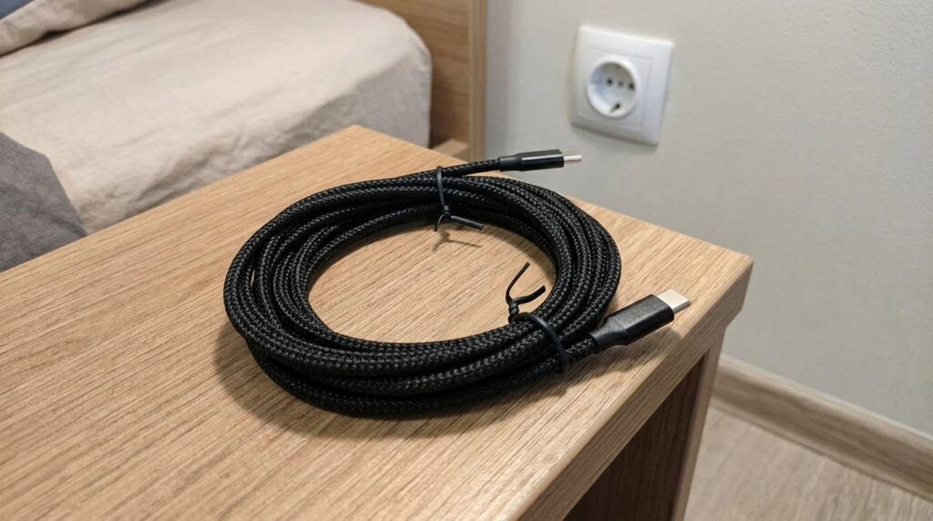 Outlet by the door, couch by the wall — a 3-meter cable solved the problem once and for all