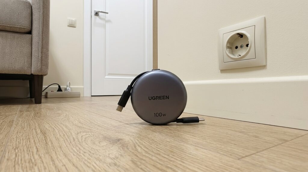 A coin-sized case with a full-fledged charging cable inside.