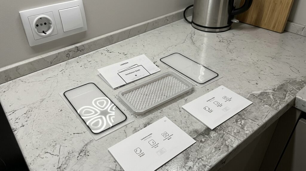 The kit includes two screen protectors and an alignment frame for perfect installation.