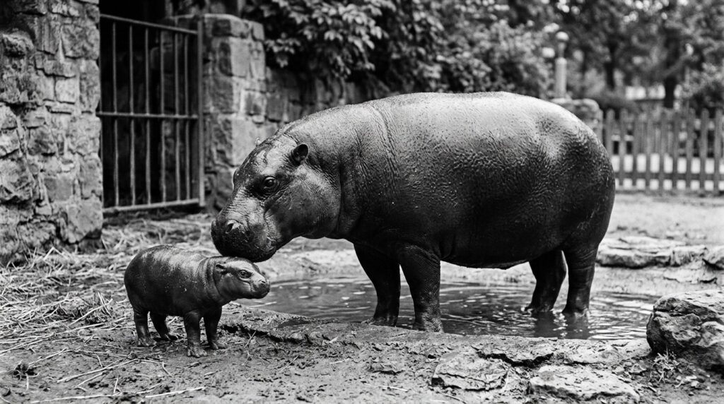 A newborn pygmy hippo next to its mother at the zoo. Photo.