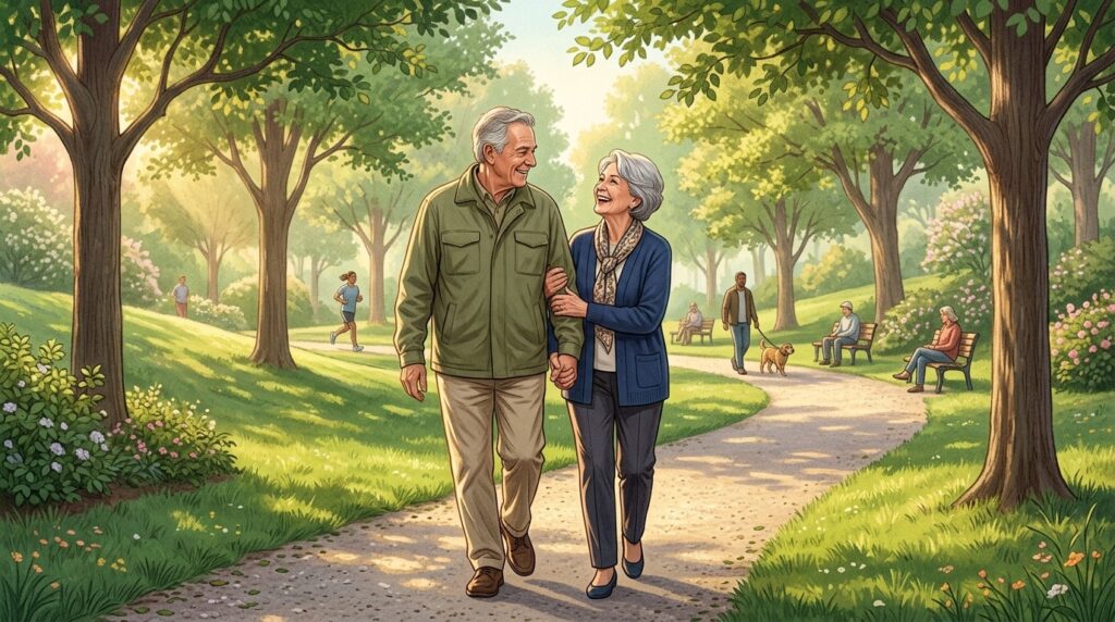 An elderly couple on a walk — social connections are important for health at any age. Photo.