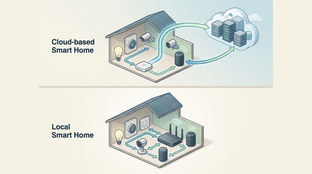 A cloud system depends on an external server, while a local one processes everything inside the home