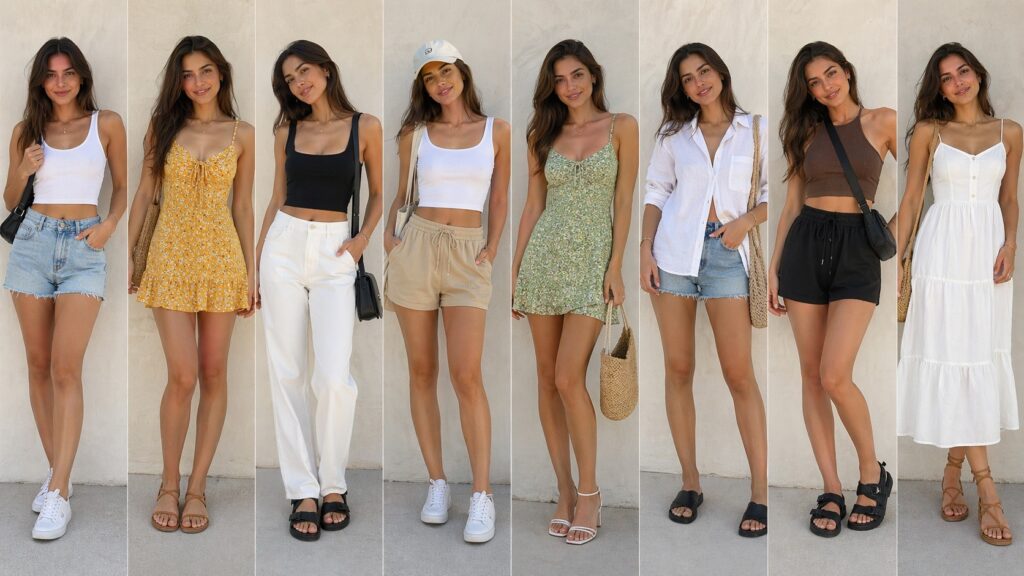 Eight different summer outfits for one girl