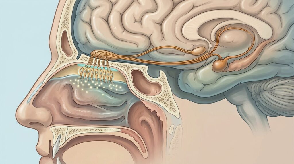 Anatomical structure of the nasal cavity and the olfactory nerve leading to the brain. Photo.