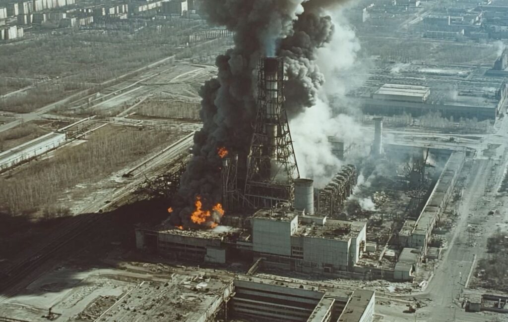 Fire and the destroyed 4th power unit of the Chernobyl NPP. Image source: vetkagolos.by. Photo.