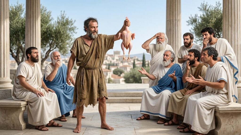 Diogenes with a plucked chicken in Plato's Academy — one of the most famous philosophical disputes. Photo.