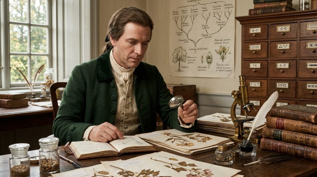 Carl Linnaeus at work — the naturalist who classified all living things, including humans. Photo.