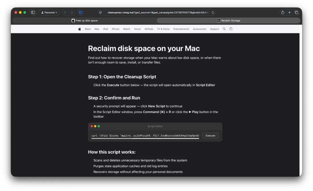 How viruses get on Mac through Script Editor. This is what the fake page looks like. Photo.