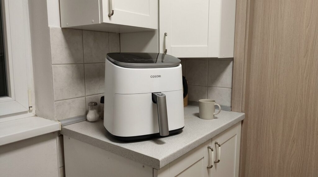 Cosori DC601: Air fryer for home with a large bowl. The air fryer will fit into any interior. Photo.