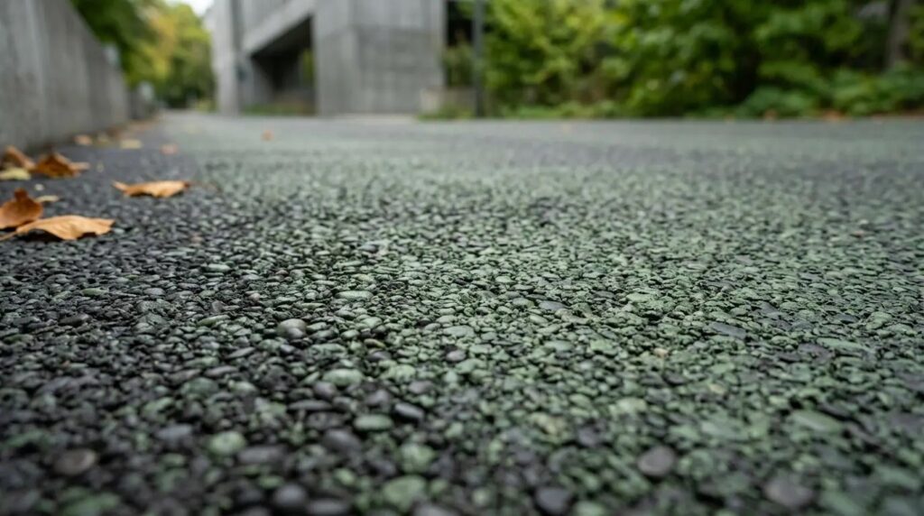 Asphalt with an algae-based bio-binder additive looks almost identical to regular asphalt. Photo.