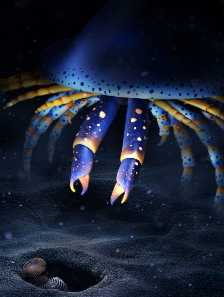 Artistic reconstruction of Megachelicerax cousteaui — a marine predator from the Cambrian period