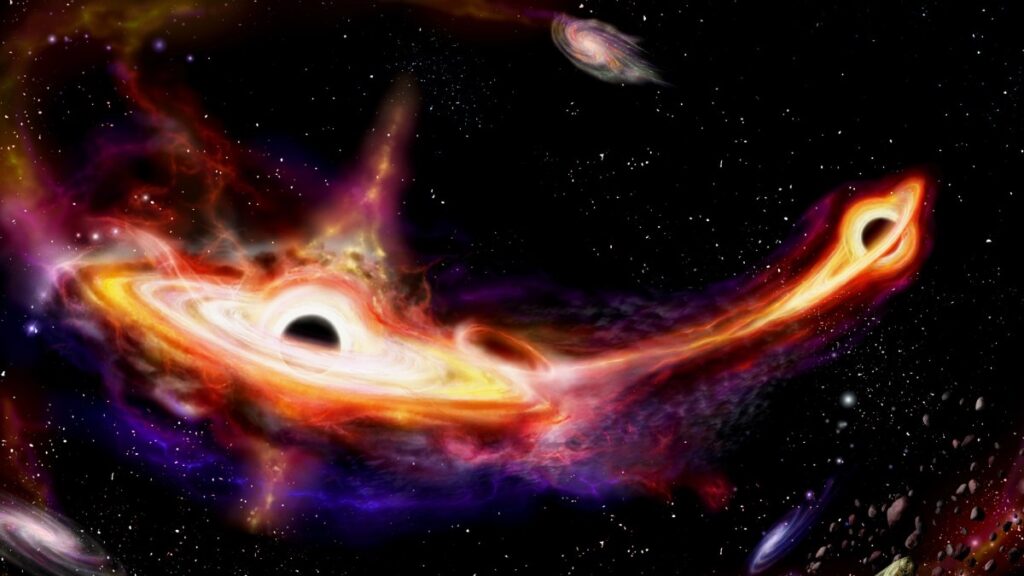 Artistic depiction of two supermassive black holes orbiting in the center of a distant galaxy.