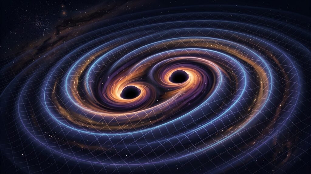 Diagram of two black holes approaching each other and generating gravitational waves.