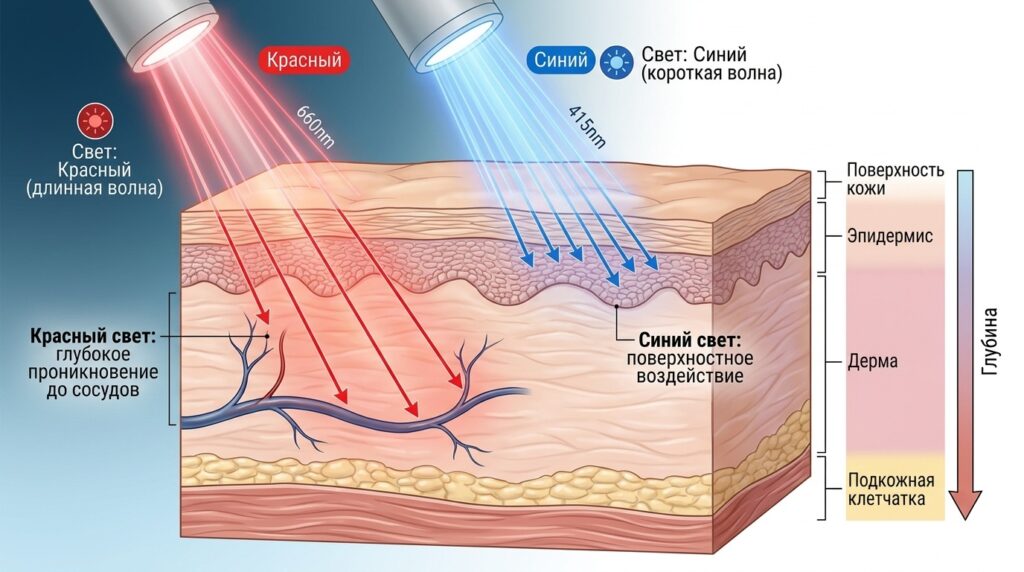 Diagram showing red and blue light penetration through skin layers to a vein. Photo.
