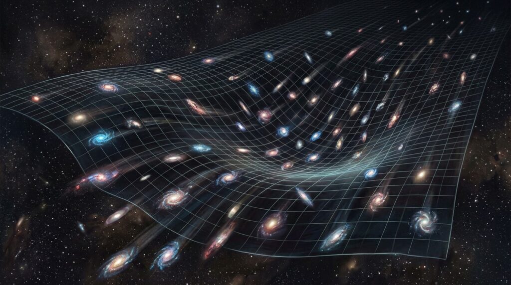 Expansion of the Universe: space stretches and galaxies move apart from each other. Photo.
