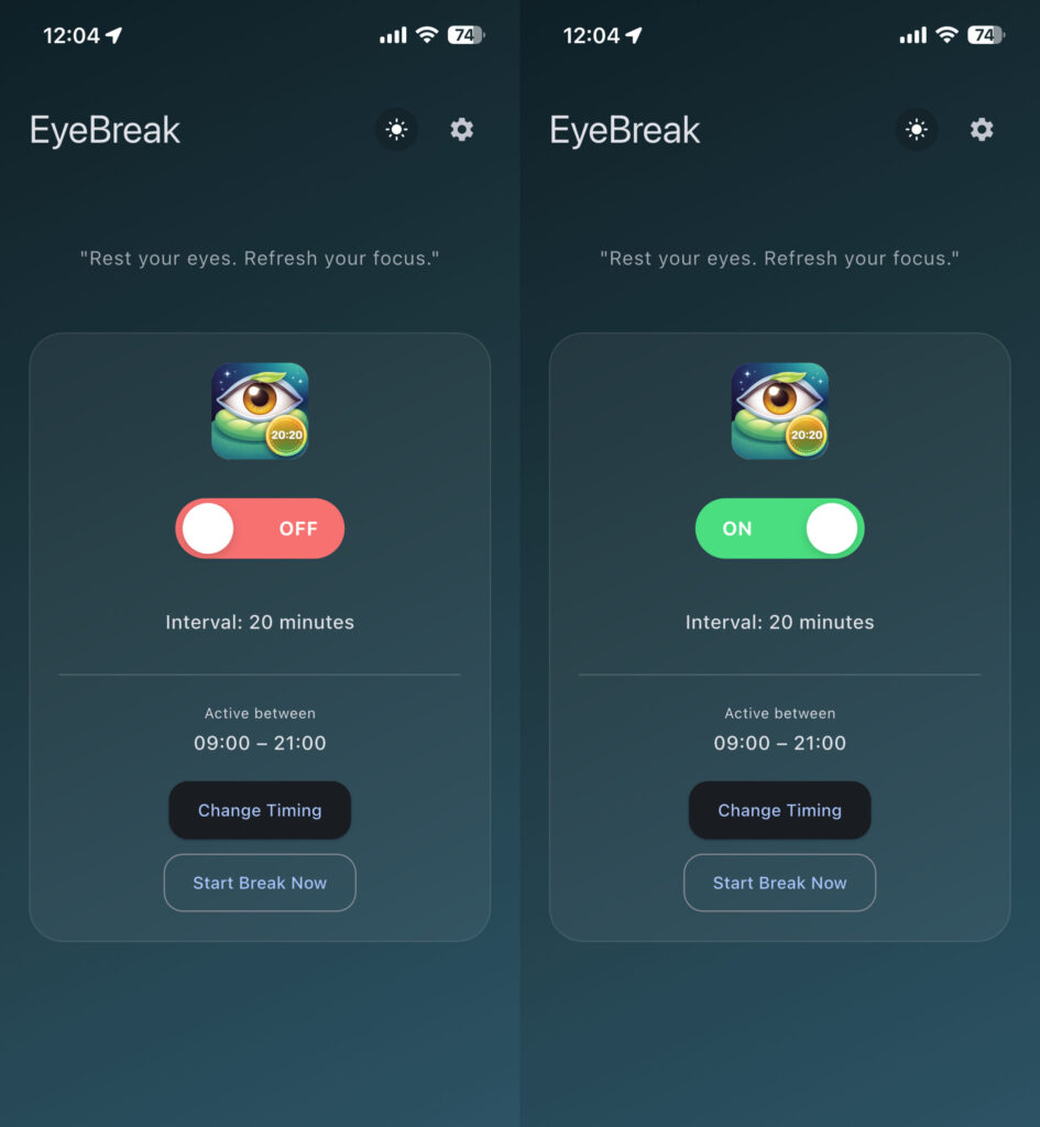 The 20-20-20 rule — how to protect your eyes when working with a screen. Just flip the toggle and wait for the notification.