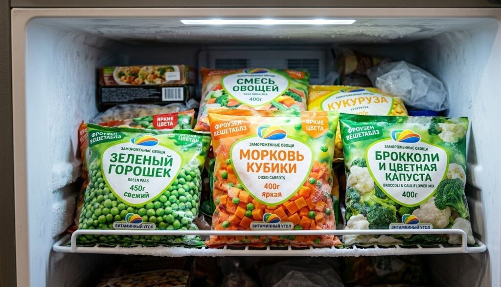Frozen and fresh vegetables on store shelves — the difference is not only in temperature but also in vitamin content