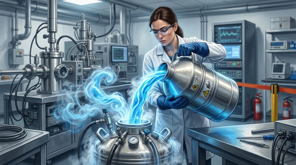 Liquid helium in a cryogenic container — a key coolant for high technology