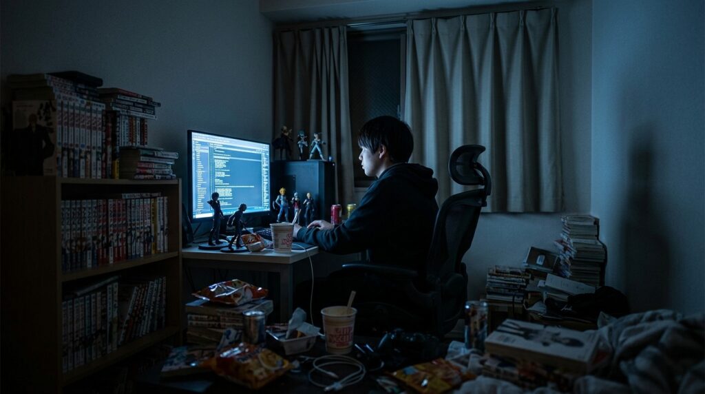 A typical hikikomori room: drawn curtains, screen glow, and complete isolation from the outside world