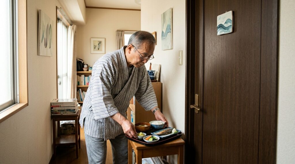 An elderly parent leaves food at a closed door — the everyday reality of families with hikikomori. Photo.