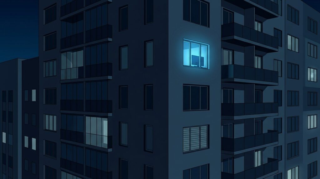 The lonely glow of a screen in a nighttime metropolis — a scene familiar far beyond Japan. Photo.