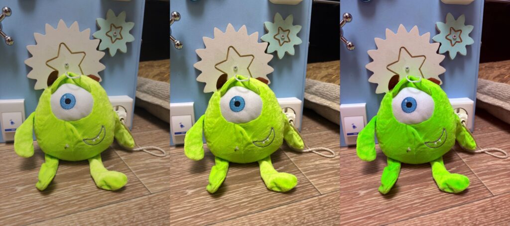 Process Zero on the left, standard shot through Halide in the center, iOS 26 camera on the right