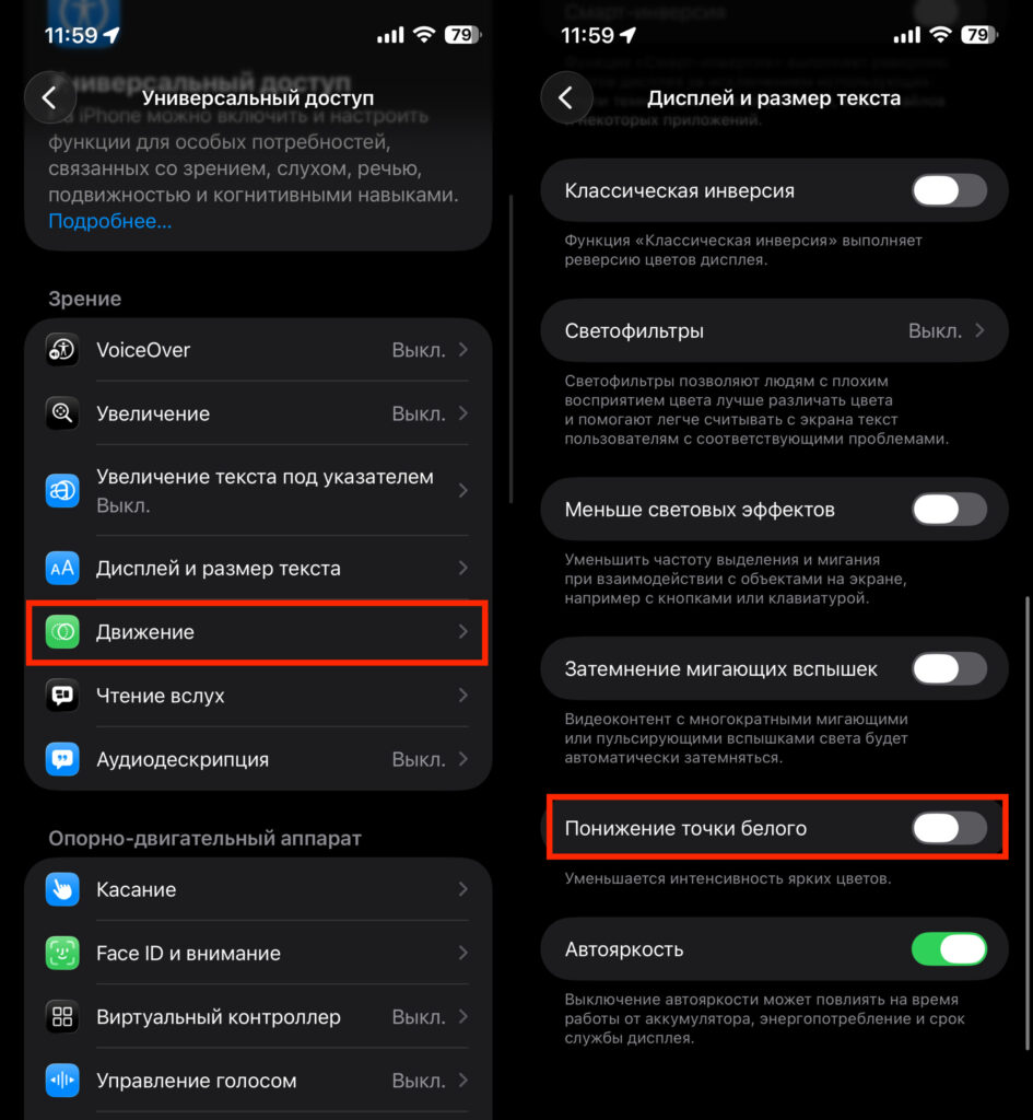 iPhone display settings for eye comfort. Allows more flexible brightness adjustment. Photo.