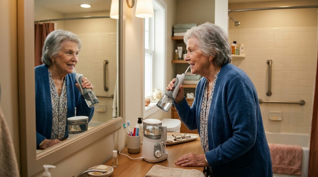 A water flosser is especially convenient for elderly people and those who find it difficult to use dental floss. Photo.