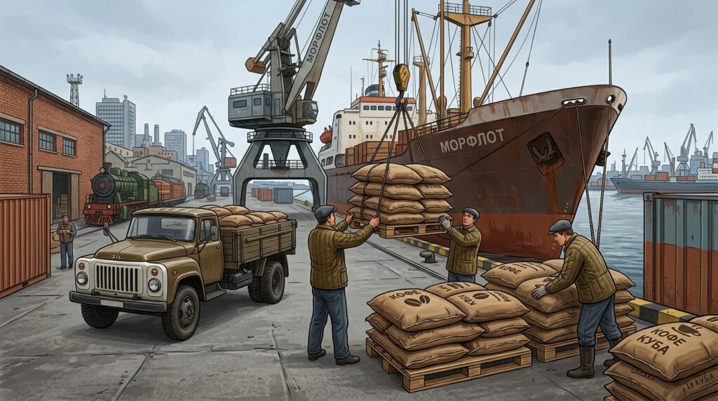 Unloading imported goods at a Soviet port. Photo.