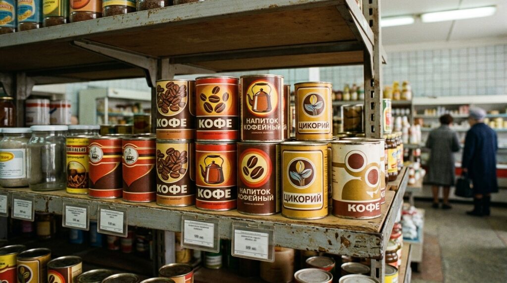A shelf in a Soviet grocery store with coffee drinks