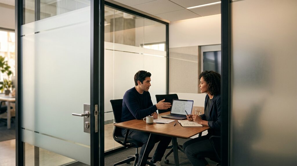Project discussion in a closed conference room