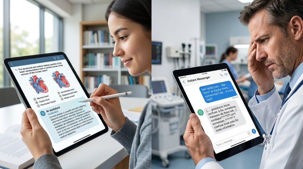 Comparison: AI answers accurately on an exam, but loses context in real dialogue