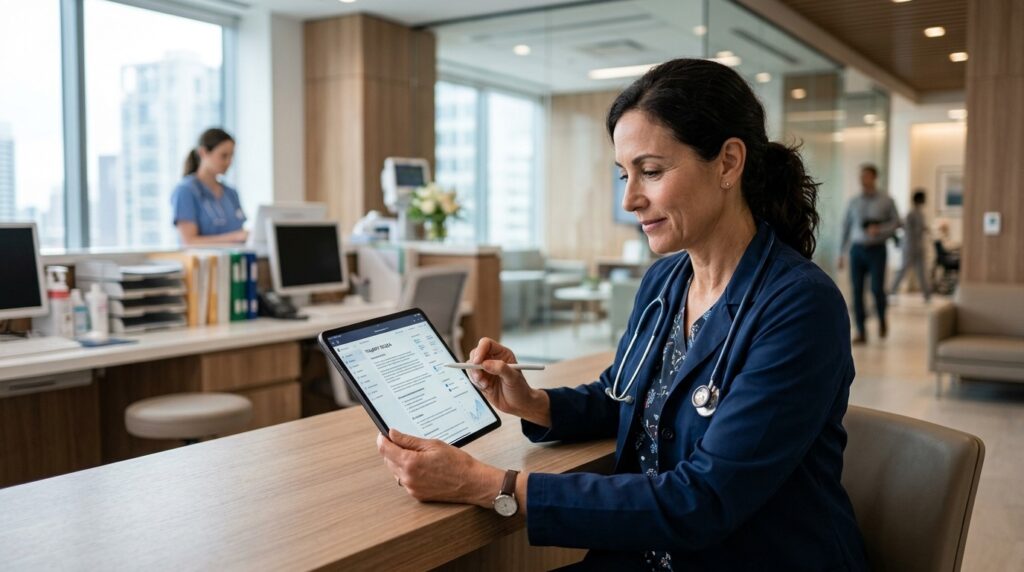 A doctor reviewing a patient summary prepared by an AI system