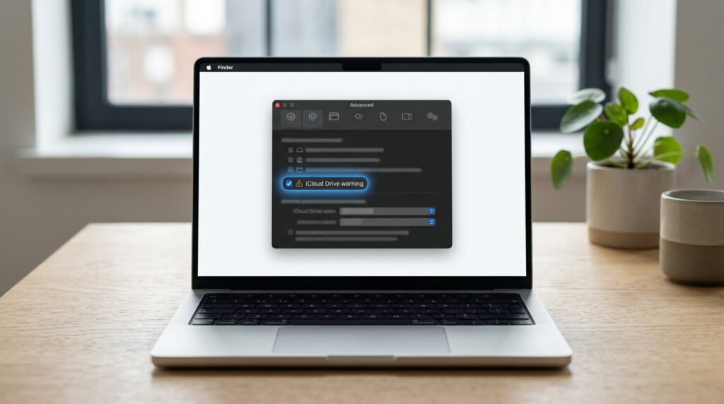 Finder settings: Advanced tab with the option to disable iCloud Drive warnings