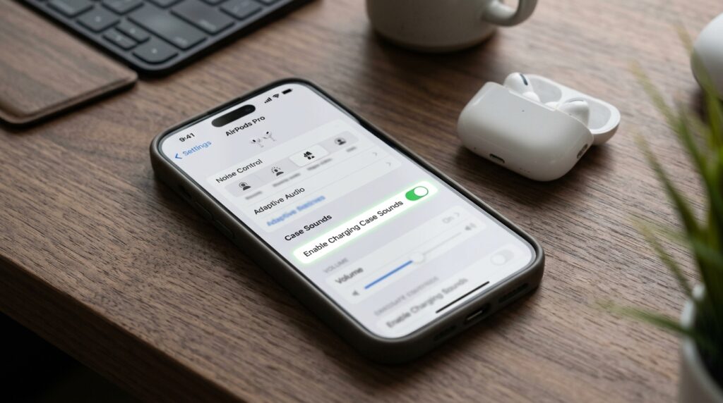 The 'Enable Charging Case Sounds' option in AirPods settings on iPhone
