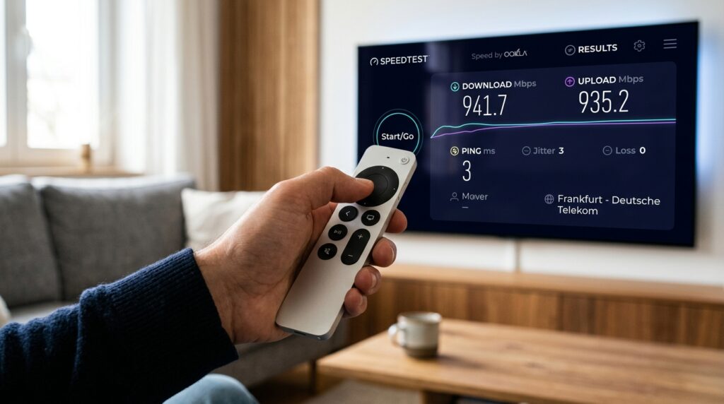 Speed test results in the Speedtest by Ookla app on Apple TV