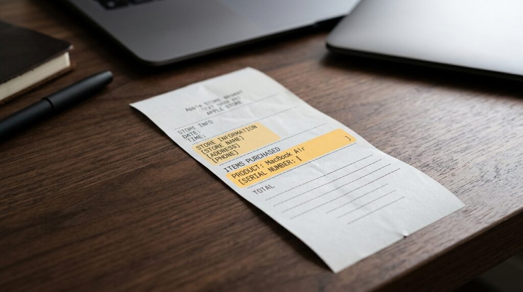 The receipt must include the device's serial number or IMEI — without this, Apple will reject the request