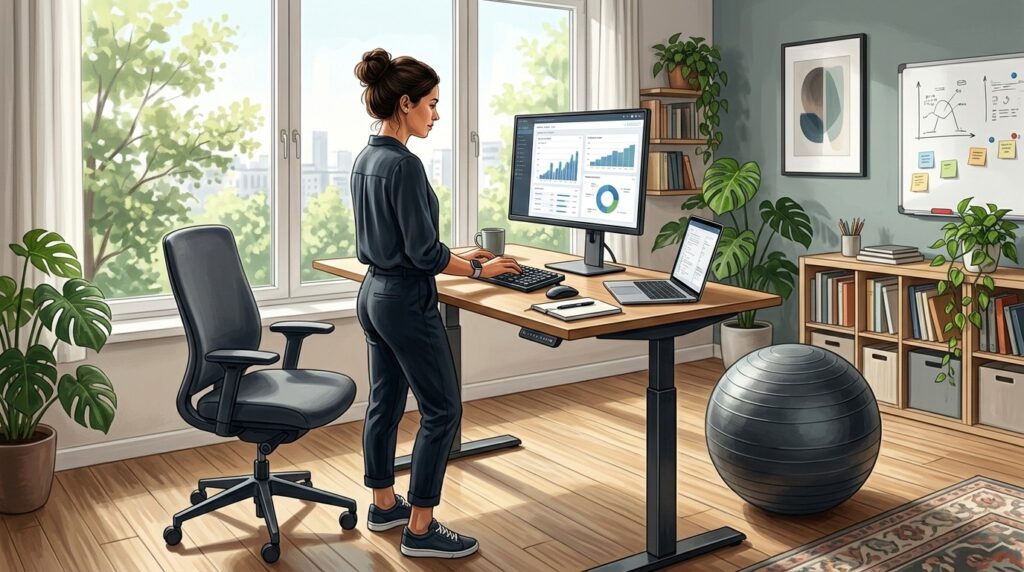 A standing desk and a fitness ball — two simple tools for back health. Photo.