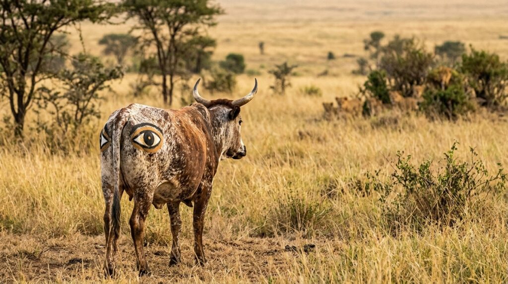 A cow with eyes painted on its rump in the African savanna