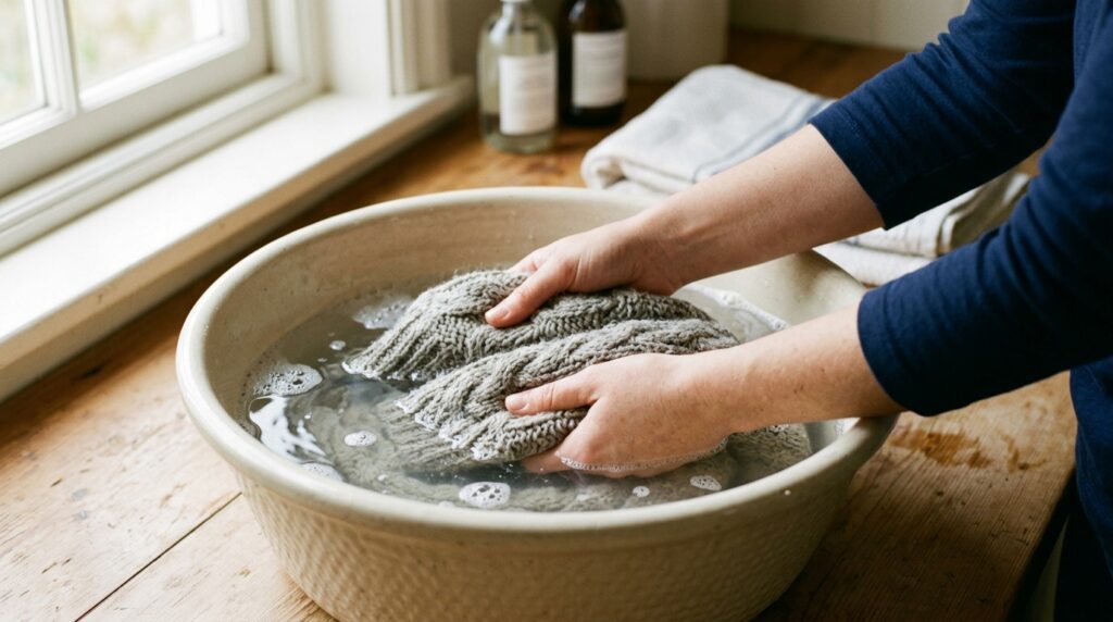 Hand washing in cool water is the safest method for wool items. Photo.