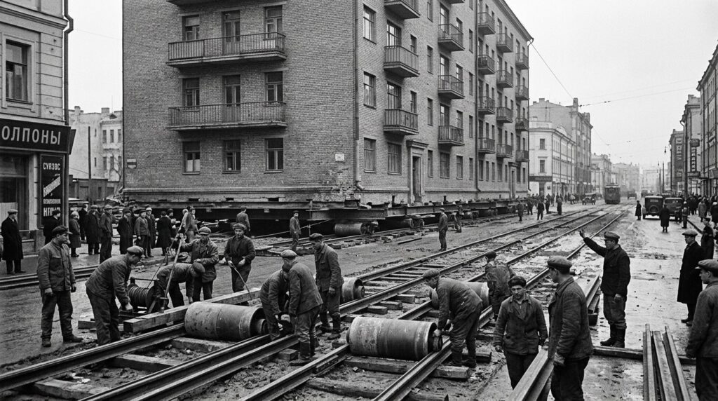 Preparation for building relocation in Moscow, 1930s. Photo.