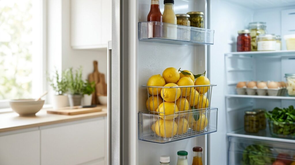 The refrigerator door is a suitable place for storing lemons. Photo.