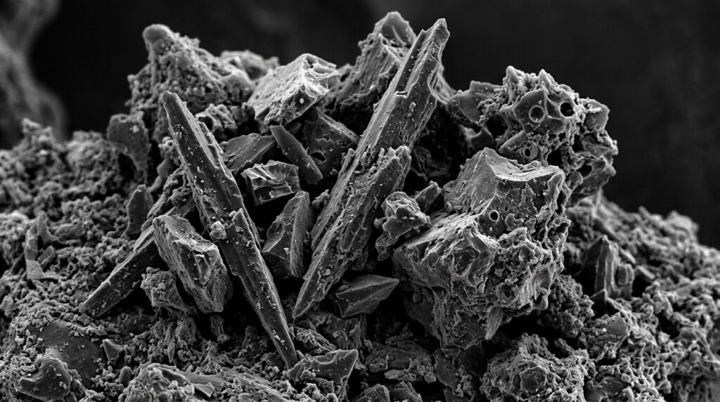 Lunar dust particles under an electron microscope — sharp and abrasive. Photo.
