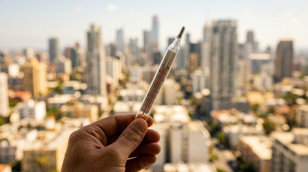 A thermometer showing extremely high temperature in the city. Photo.